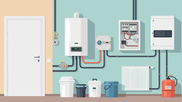 Modern home utility room with boiler system and electrical panel in flat style