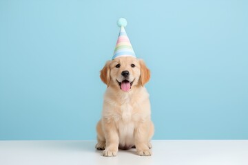 Minimal Puppy with Party Hat on Pastel Blue