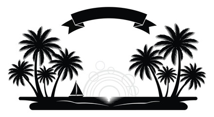 Tropical island scene with palm trees a small boat and a ribbon banner all in silhouette