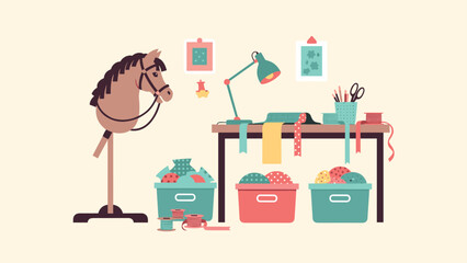Creative sewing workspace with colorful fabrics and tools in flat design
