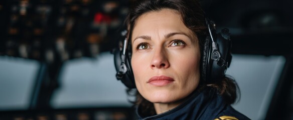 The female pilot tunes her instruments like a maestro preparing for a symphony before flight