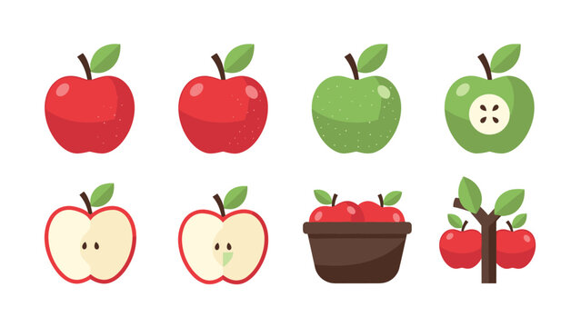 Colorful apple collection with whole and sliced variations in flat design