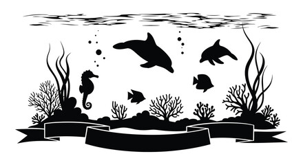 An underwater scene depicts playful dolphins a seahorse and coral all rendered as a striking silhouette © mrvect02