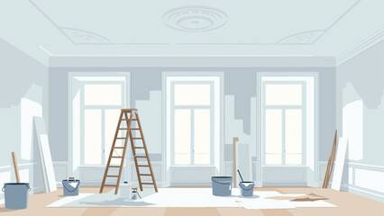 Home renovation scene with ladder and painting tools in spacious room