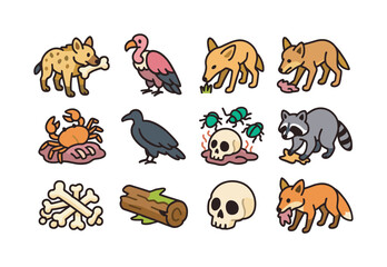 Fototapeta premium Vibrant Scavenger Icons. Scavengers. Colorful isometric vector icons set of Scavengers: hyena with bone, vulture icon, jackal sniffing, coyote scavenging, crab