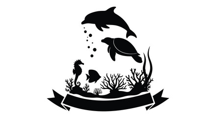 A captivating marine life scene featuring a dolphin turtle seahorse and coral reef silhouette high quality