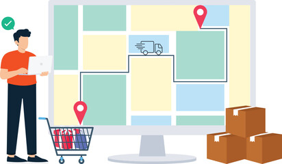 Delivery tracking system showing shipping route and order fulfillment for online shopping logistics management and global commerce retail business using modern technology