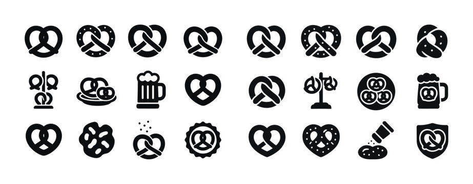 Black and white pretzel icons collection with heart designs