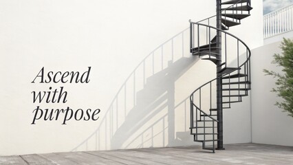 Metal spiral staircase casting a long shadow on a wall