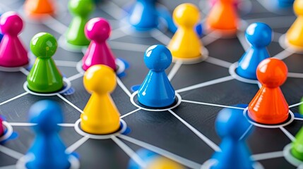 Colorful nodes and abstract profiles illustrating digital communication in social networks