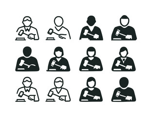 Judicial Emblem Icons. Judge in Robes Delivering Verdict. Icon set. Set Logo of Judge in Robes Delivering Verdict: judge?s hand holding gavel above block.