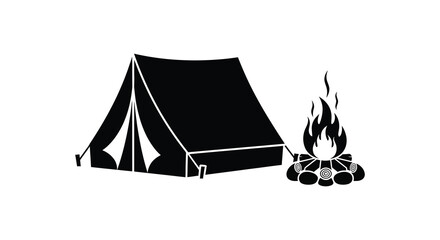 a simple illustration showcasing a tent pitched near a crackling campfire presented in a black silhouette