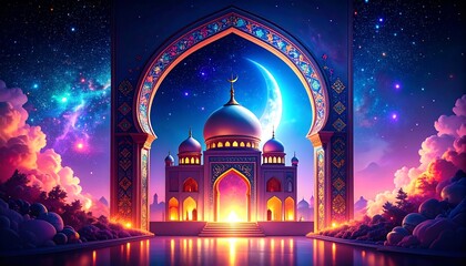 Islamic Mosque Archway Night Sky Scene.