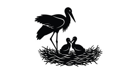 A serene depiction of a stork standing guard over a nest with two chicks a striking silhouette