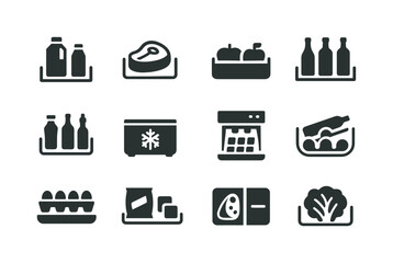 Refrigerated Icons Grid. Refrigerated sections. Solid icon set of Refrigerated sections: dairy shelf, meat bin, produce drawer, beverage shelf, condiment door