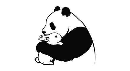 a charming illustration depicts a panda gently embracing a white rabbit in a peaceful scene silhouette