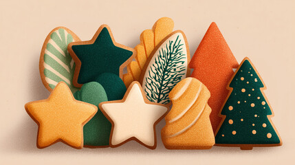 Illustrated holiday sugar cookies with star and tree shapes, warm festive colors, flat modern style, textured digital painting