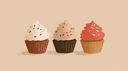 Minimalist illustration of holiday cupcakes with frosting and sprinkles, warm muted palette, smooth shapes