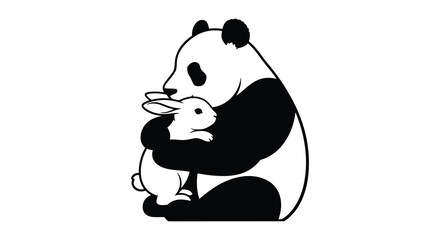 a charming depiction of a panda bear gently embracing a small white rabbit in a delightful scene silhouette © mrvect02