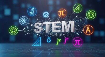 A colorful STEM education concept with a network of icons and the word 'STEM' in the center.