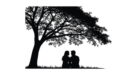 a romantic scene unfolds beneath a majestic tree featuring a couple in a striking silhouette