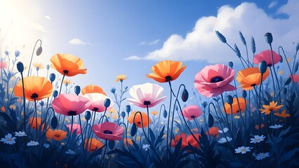 Vibrant poppy field under a bright blue sky with fluffy white clouds