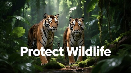 Two tigers walking through a lush forest with a message to protect wildlife