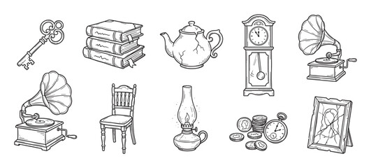 Fototapeta premium Hand-drawn collection of vintage antique objects including a gramophone, grandfather clock, old books, teapot, and key, rendered in a black and white sketch illustration style