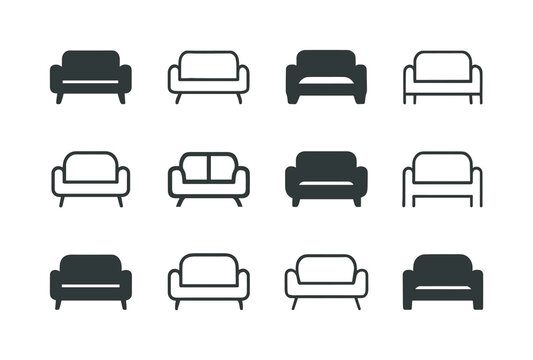 Minimalist Room Design Icons. Designing a minimalist room. Icon set. Set Logo of designing a minimalist room: simple sofa silhouette. harmonious logo