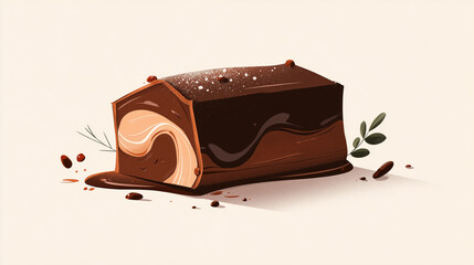 Stylized illustration of yule log cake with chocolate glaze, rich brown palette, soft gradients, modern flat style