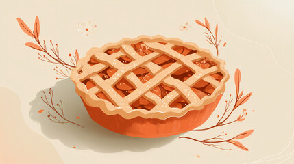 Illustrated winter pie with lattice crust, warm baked tones, minimal background, cozy flat illustration