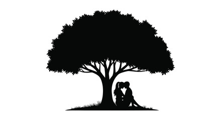A romantic couple shares a tender moment beneath the sprawling branches of a large tree silhouette