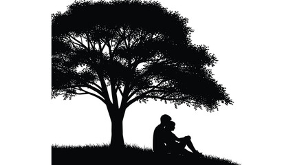 a peaceful moment under a tree with a couple embracing captured in striking black and white silhouette