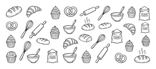 Collection of hand-drawn baking icons featuring bread, croissants, cupcakes, and kitchen utensils in a charming black and white doodle style illustration set for culinary concepts