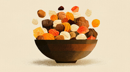 Illustrated bowl of nuts and dried fruit, warm natural colors, minimal composition, textured flat illustration