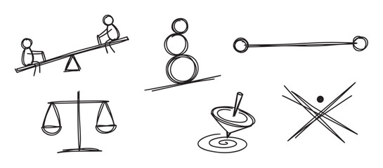 Collection of hand-drawn black icons representing balance and equilibrium, including a seesaw, stacked circles, scales of justice, and a spinning top in a simple doodle style