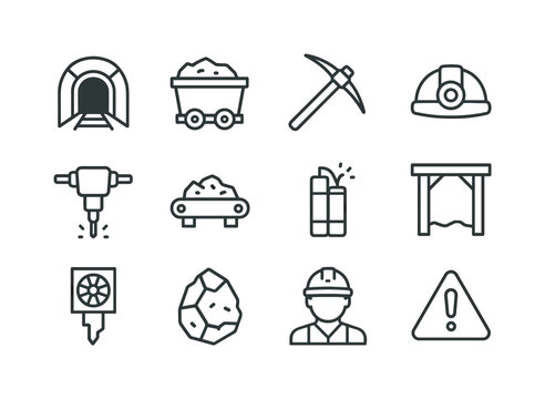 Underground Mining Icons. Underground Mining Techniques. Line icon set of Underground Mining Techniques: tunnel, mining cart, pickaxe, helmet with lamp, drill,