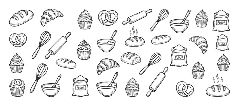 Collection of hand-drawn baking icons featuring bread, croissants, cupcakes, and kitchen utensils in a charming black and white doodle style illustration set for culinary concepts