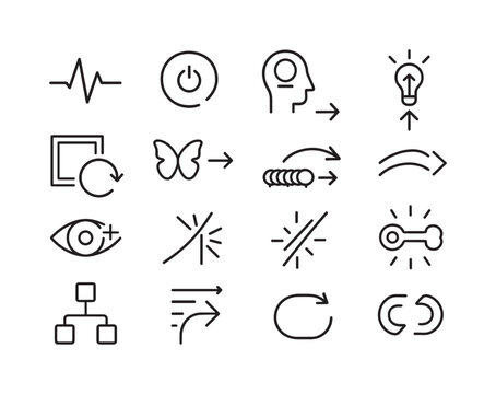 Paradigm Shift Icons. paradigm shift. Line icon set of paradigm shift: shift pulse, mental reset button, paradigm flip, new lens icon, context reset, symbolic