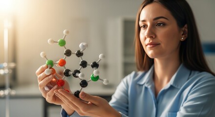 Female scientist holding a molecular model, studying chemistry in a lab