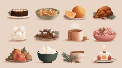 Set of holiday food illustrations in cozy flat style, warm muted palette, soft gradients, minimal backgrounds, commercial stock look