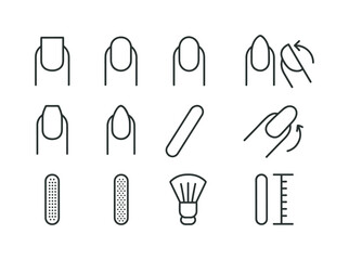 Nail Shaping Icons. Nail shaping. Line icon set of Nail shaping: square nail icon, round nail icon, oval nail icon, almond nail icon, coffin nail icon,