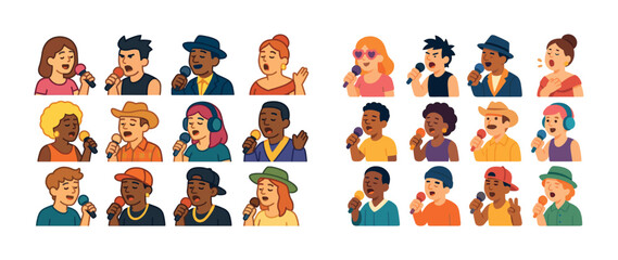 Diverse group of cartoon characters singing into microphones
