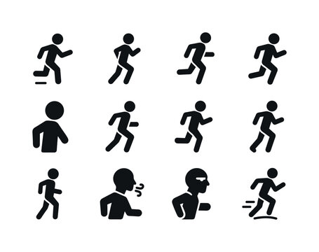 Running Posture Icons. Running posture. Solid icon set of Running posture: heel strike icon, arm swing, forward lean, stride length, head position, midfoot