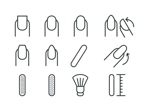 Nail Shaping Icons. Nail shaping. Line icon set of Nail shaping: square nail icon, round nail icon, oval nail icon, almond nail icon, coffin nail icon,