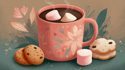 Illustrated mug of cocoa with marshmallows and sugar cookies, cozy holiday colors, flat textured style