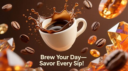 A white coffee cup with splashing coffee surrounded by coffee beans and ice cubes on a brown background