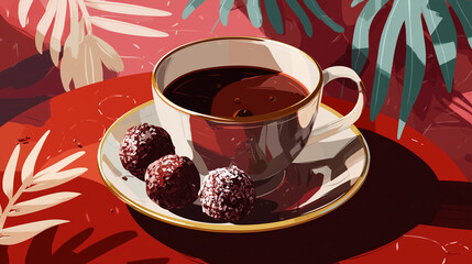 Stylized illustration of cocoa drink with chocolate truffles on plate, rich warm tones, modern flat illustration