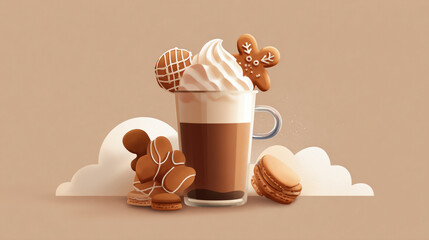 Stylized illustration of hot chocolate with whipped cream and gingerbread cookies, warm brown and cream palette, soft gradients, subtle paper texture, minimal background