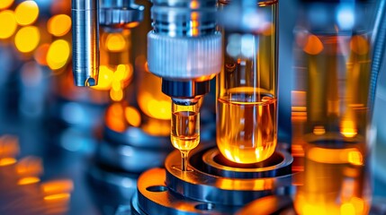 Automated production line in a pharmaceutical factory showcasing glass vials for vaccine development